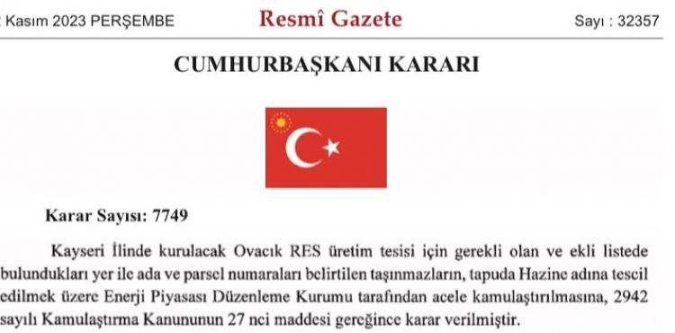 Ovack RES retim Tesisi iin alnan karar Resm Gazetede yaymland