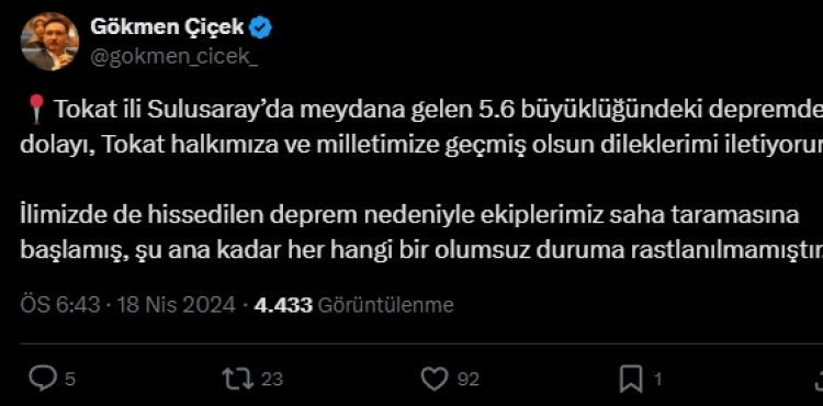 Vali Çiçek, “İlimizde de hissedilen deprem nedeniyle saha taraması başladı, olumsuzluk yok”