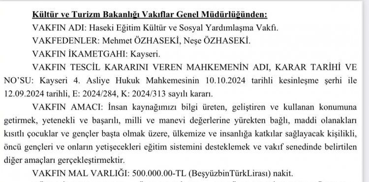 Haseki Eğitim Kültür ve Sosyal Yardımlaşma Vakfı kuruldu