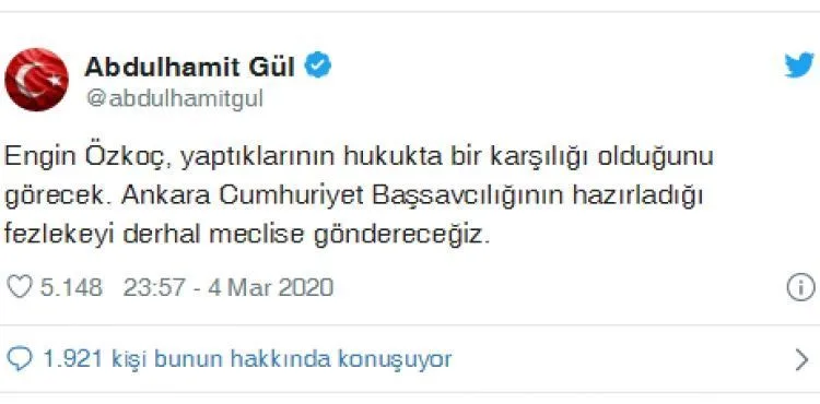 Adalet Bakanı Gül: Özkoç hakkındaki fezlekeyi derhal Meclis'e göndereceğiz