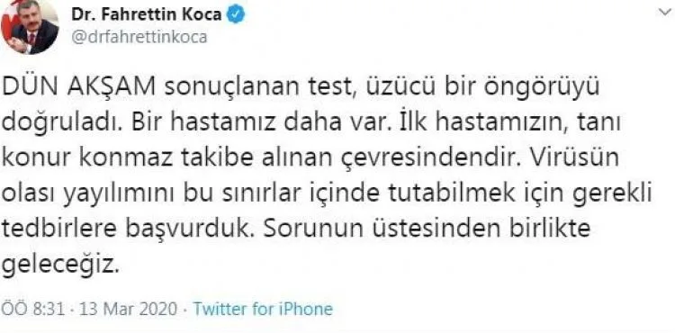 Sağlık Bakanı Koca açıkladı! Bir kişide daha koronavirüs tespit edildi