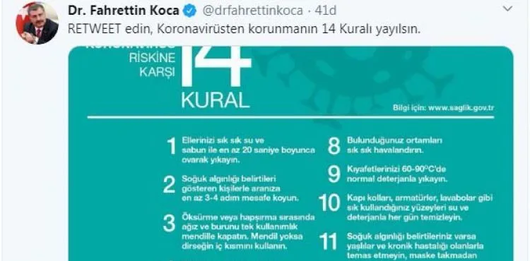 Bakan Koca'dan, koronavirüse karşı '14 Kural' paylaşımı