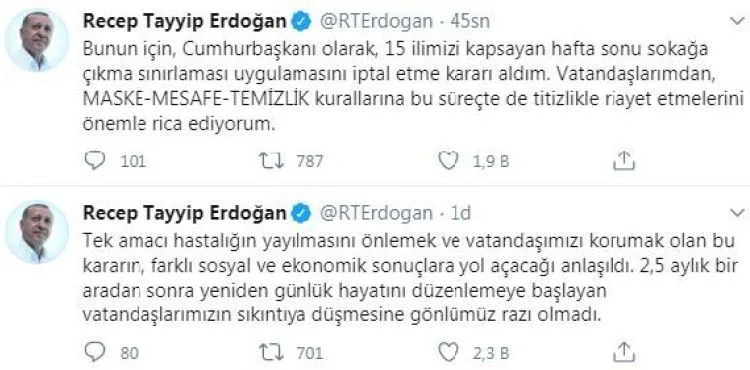 Cumhurbaşkanı Erdoğan: Hafta sonu sokağa çıkma sınırlamasını iptal etme kararı aldım