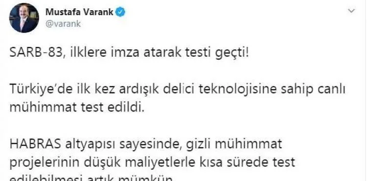 Bakan Varank: SARB-83, ilklere imza atarak testi geçti