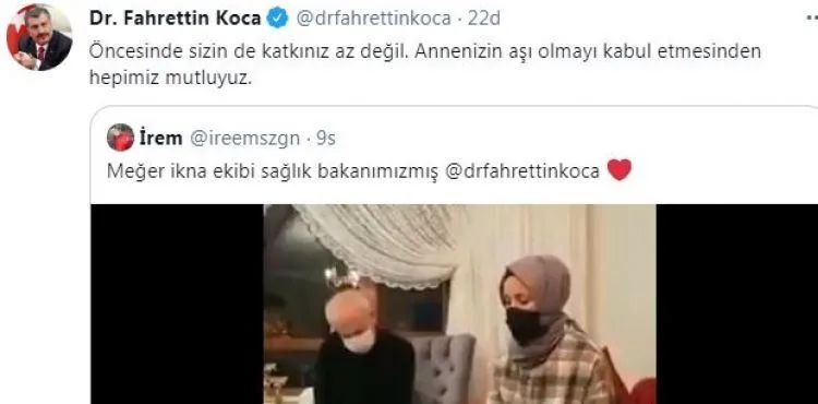 Covid-19 aşısı olmak istemeyen öğretmeni, Bakan Koca ikna etti