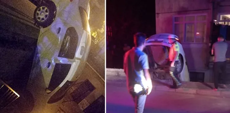 Otomobil bahçeye uçtu, sevgilisini bırakıp kaçtı