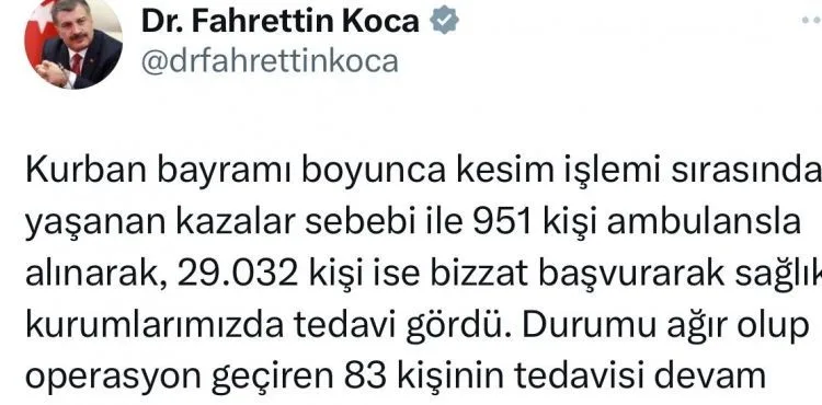 Bakan Koca: “Kurban Bayramı’nda ağır yaralanan 83 kişi tedavi altında"