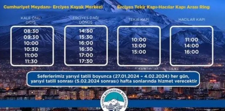 BÜYÜKŞEHİR’DEN ERCİYES OTOBÜS SEFERLERİNE YARIYIL TATİLİ DÜZENLEMESİ
