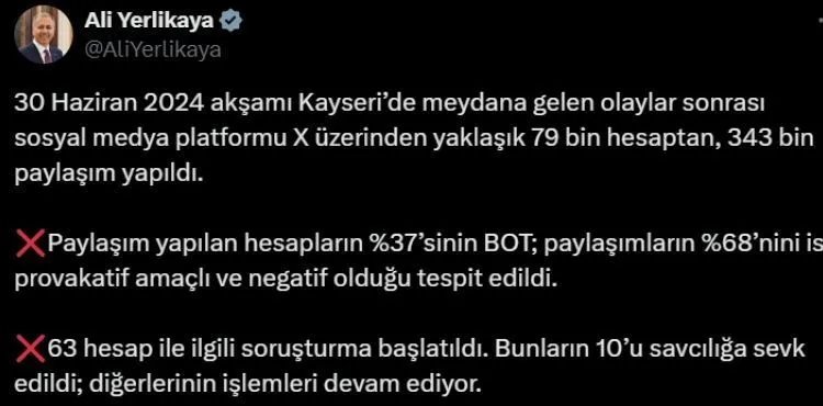 Bakan Yerlikaya: “Provakatif paylaşım yapanlara göz açtırmayacağız”