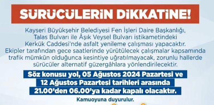 BÜYÜKŞEHİR’DEN ARAÇ SÜRÜCÜLERİNE ‘YOL YAPIM’ UYARISI