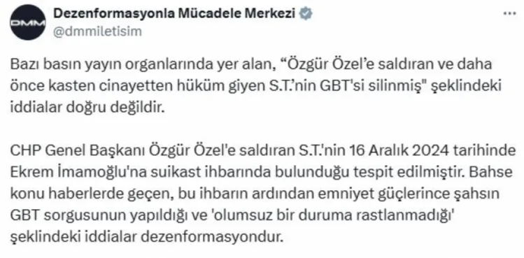 DMM: Özgür Özel'e saldıran kişinin GBT'sinin silindiği iddiaları doğru değil